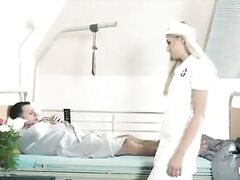 Teen nurses fuck old grandpa in a fake hospital bed