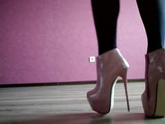 High heels from my collection, nylon tights and mini skirt